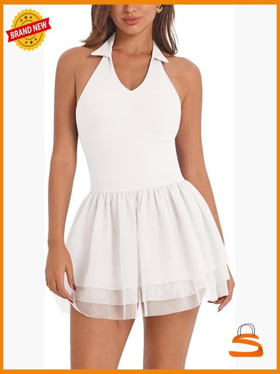 Dresses & Skirts - V Neck Halter Backless Tiered Tulle Dress with Built-in Shorts